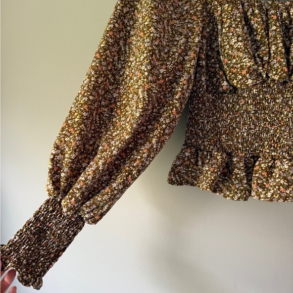 She + Sky Smocked Brown Floral Peasant Shirt - Size S - Picture 3 of 7